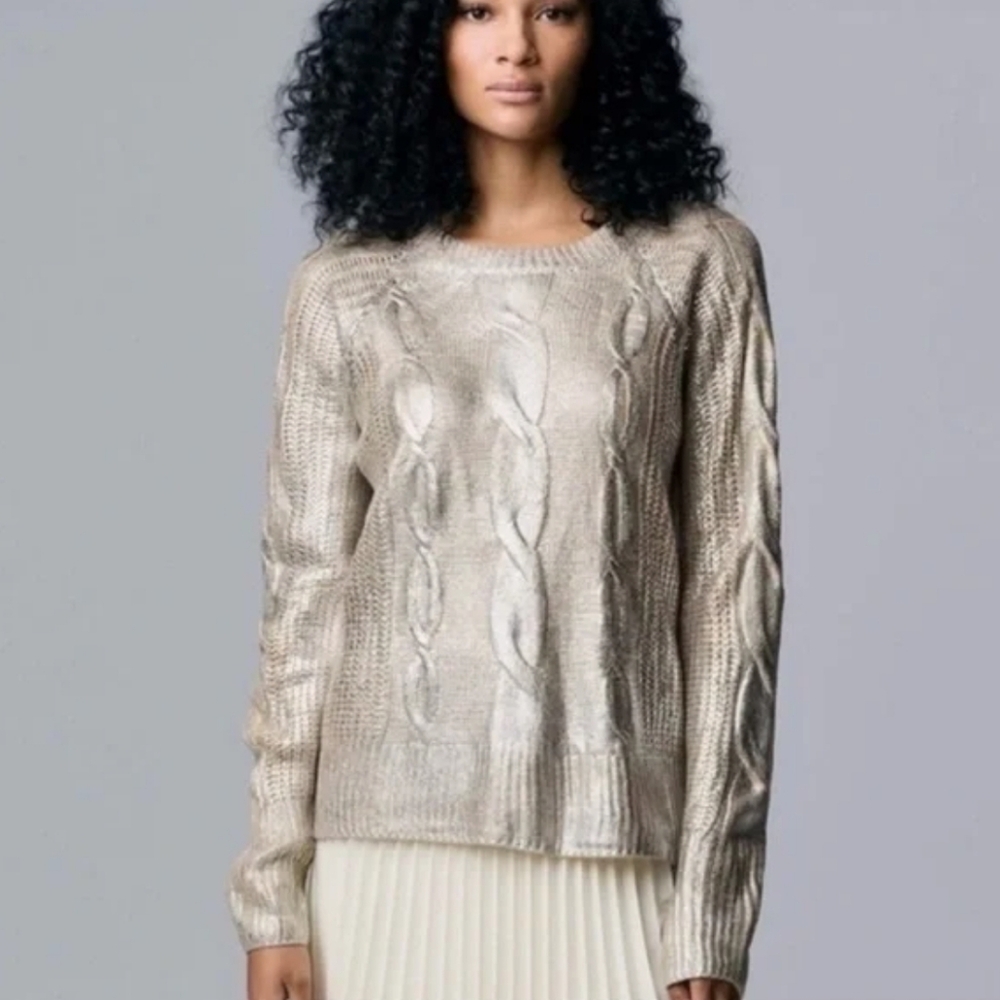 Simply Vera | Metallic Foil Cableknit Crew Neck Sweater